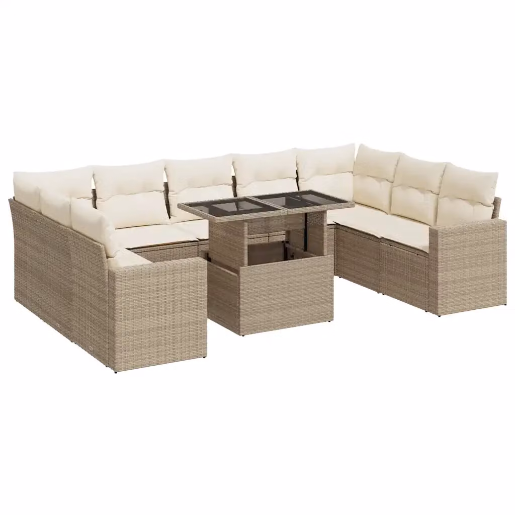 Set Divano da Giardino vidaXL a forma a U composto da 10 pezzi con Cuscini Beige e Tavolino in Vetro – 2