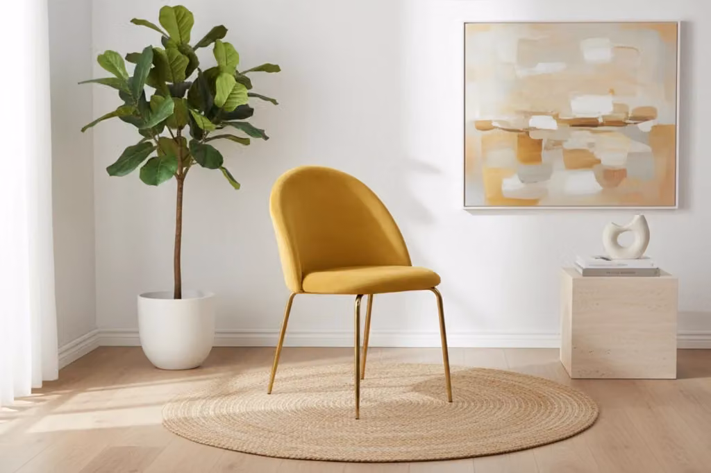 Sedia da pranzo moderna Samira in velluto giallo con gambe in metallo oro – 2
