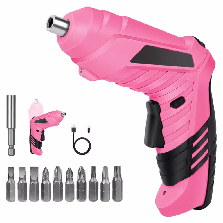 Avvitatore elettrico rosa con luce a LED e 10 accessori