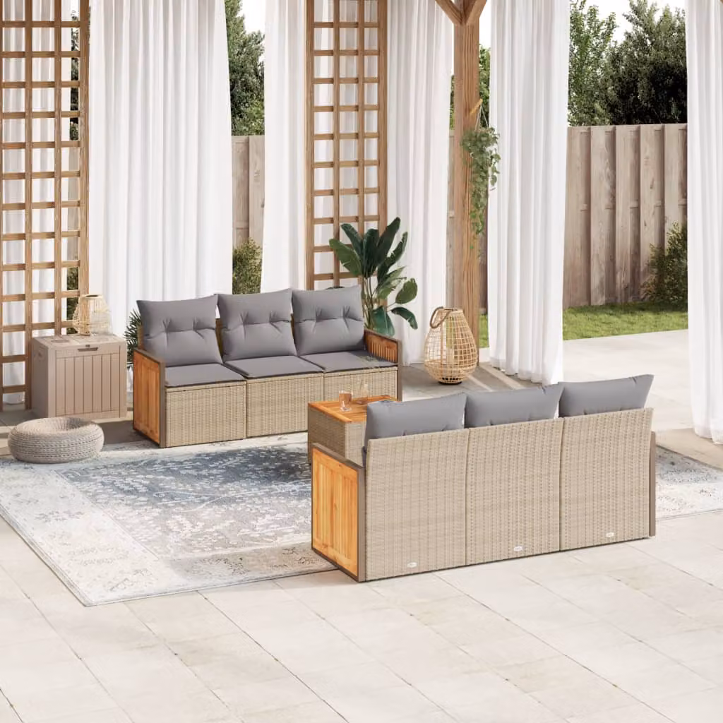 Set di divani da giardino vidaXL in 7 pezzi con cuscini beige in polyrattan e struttura in metallo – 1