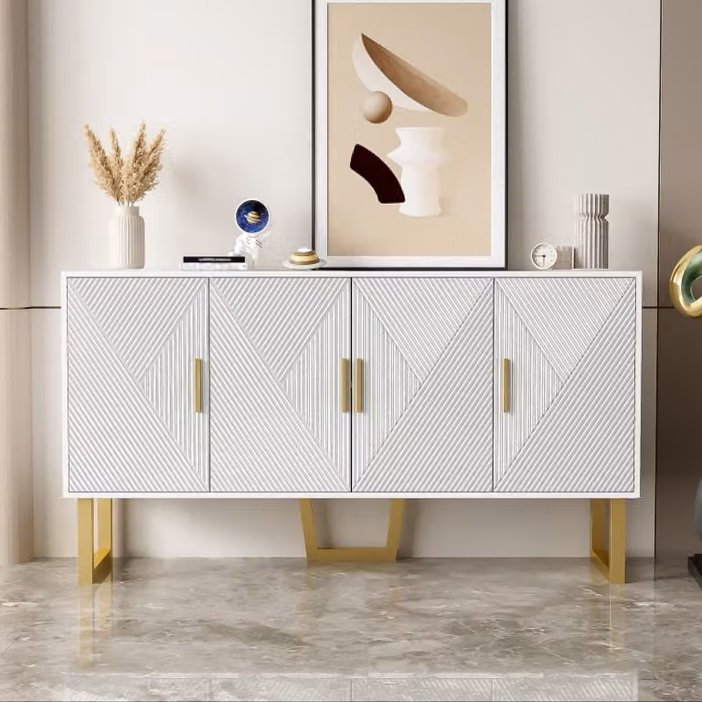buffet largo 150 cm con ante lucide e maniglie dorate, design a 4 ante, bianco