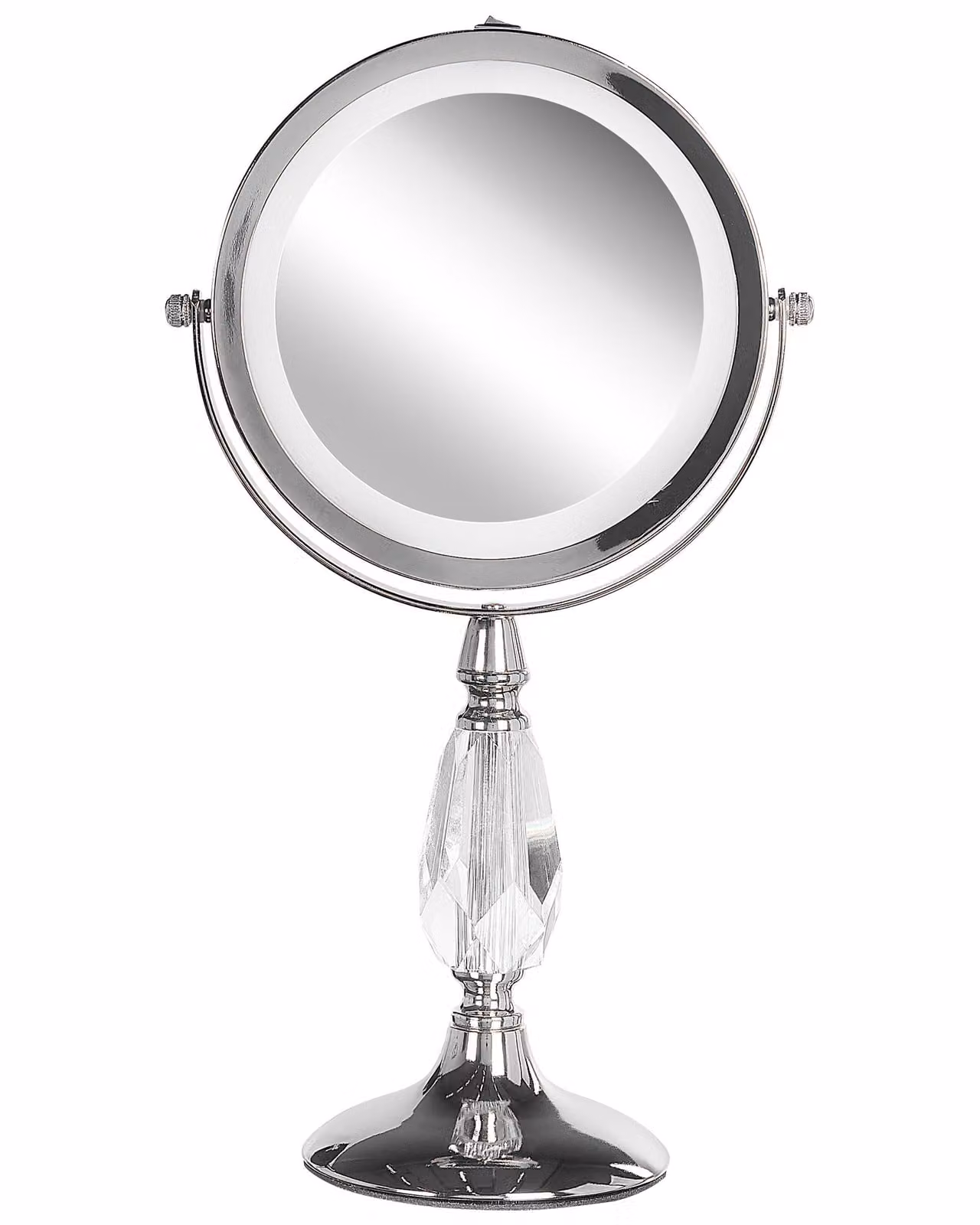 BELIANI Specchio per il trucco argento rotondo bifacciale ruotabile con supporto per luce LED ingrandimento 5x Specchio da tavolo moderno per il trucco