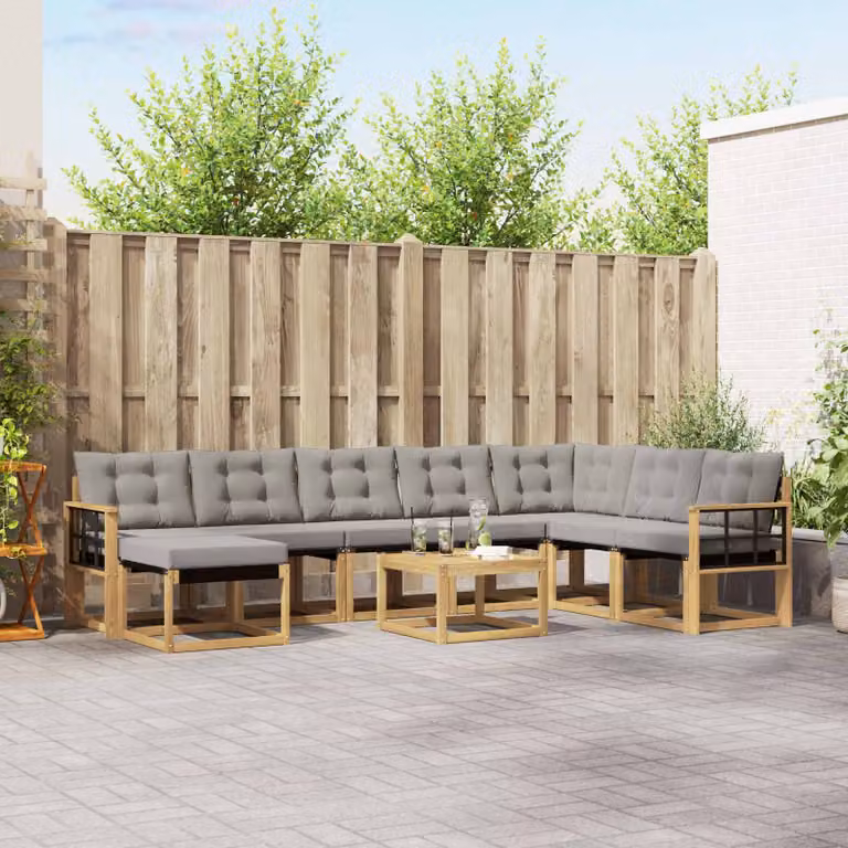 Set di divani da esterno vidaXL a forma di U composto da 9 pezzi con tavolino da caffè, pouf e cuscini in tessuto textilene, struttura in legno di acacia e colori bianco, grigio e marrone