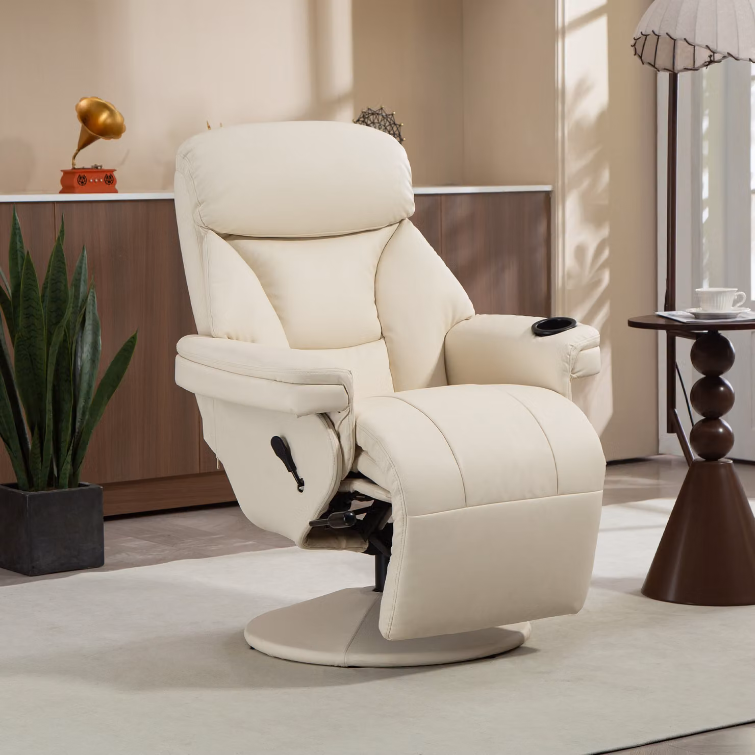 Poltrona relax reclinabile HOMCOM in ecopelle beige con tasca laterale e portabicchiere – 2