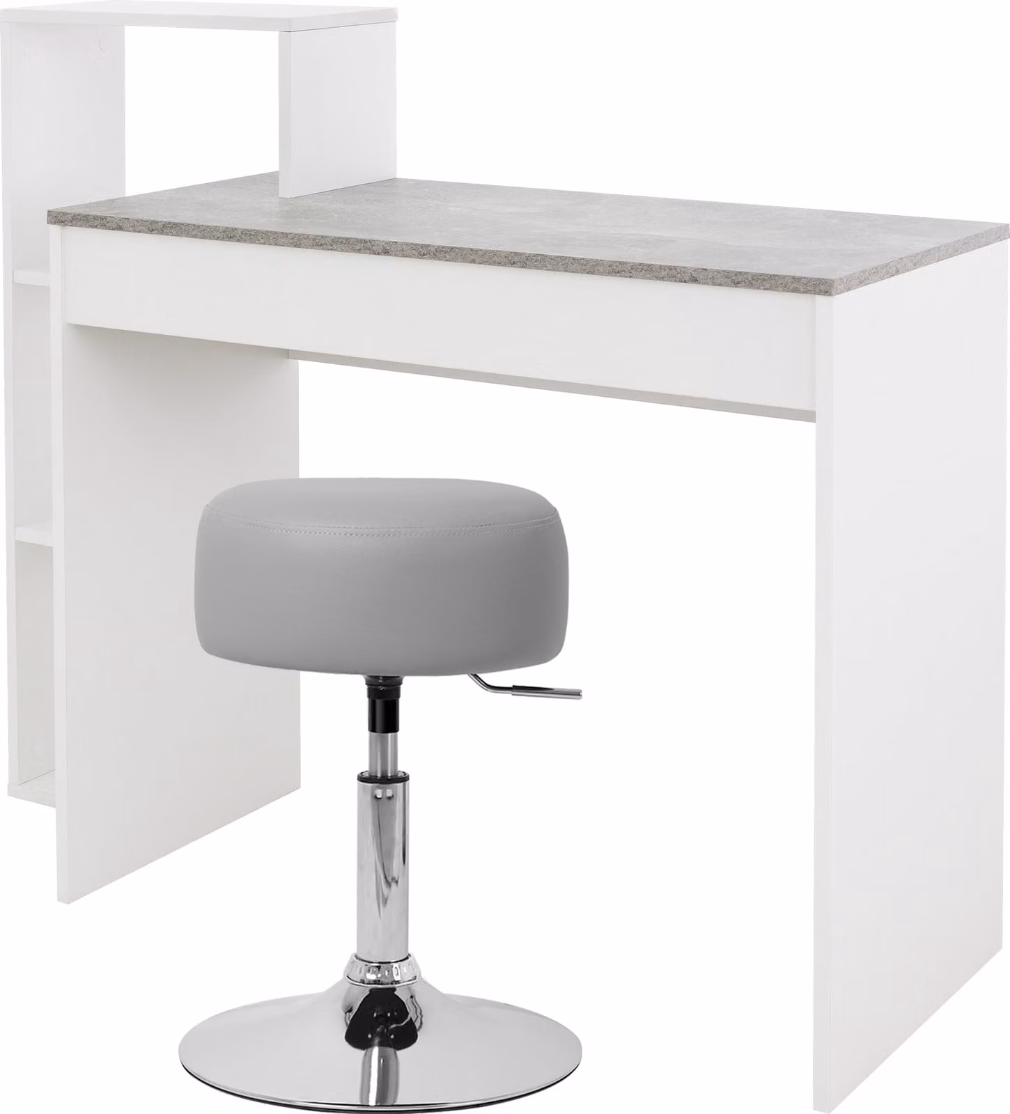 ML-Design scrivania con sgabello, bianco-grigio, scrivania per computer con ripiano, sgabello imbottito sgabello grigio chiaro, Ø33cm girevole regolabile in altezza