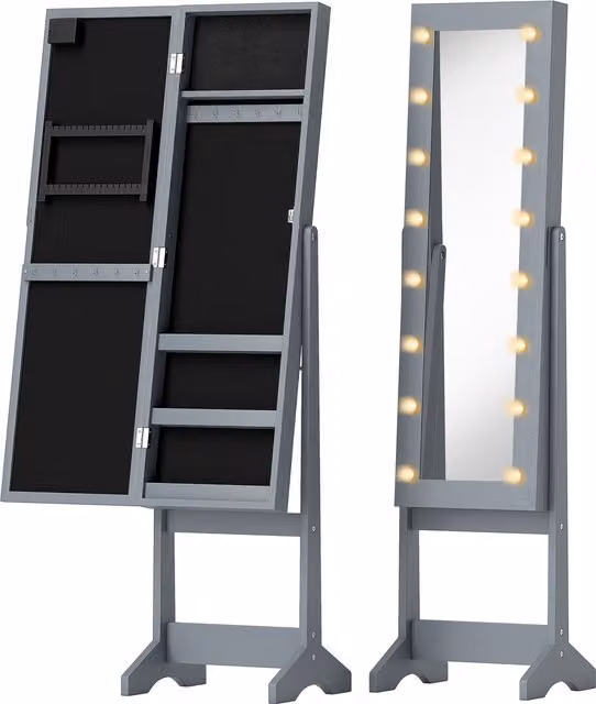 Portagioie da terra HOMCOM con specchio intero regolabile e illuminazione LED, grigio