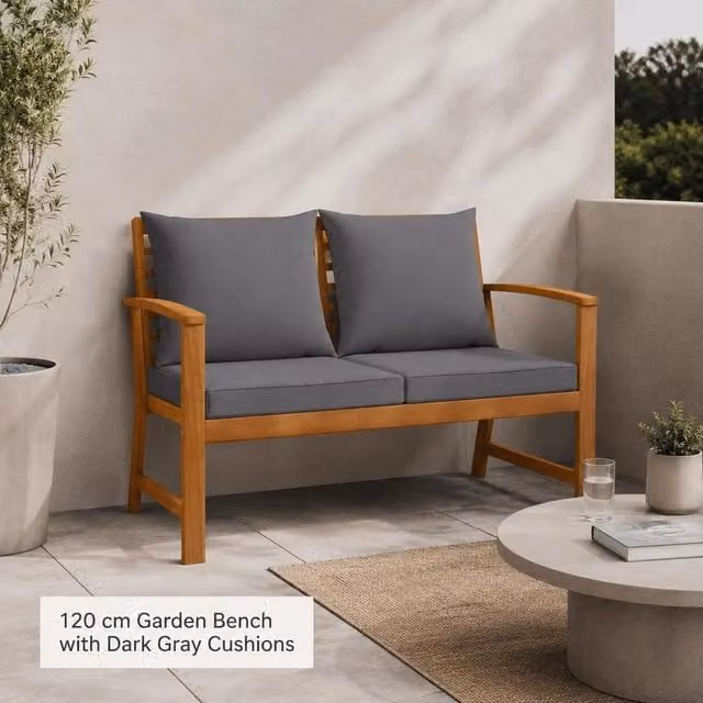 Garden Bench 120 Cm With Dark Grey Cushions, Solid Acacia Wood