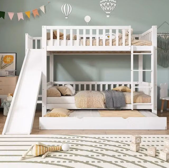 Letto a castello per bambini con letto estraibile; scivolo e scala a 4 gradini; bianco 90x200 cm