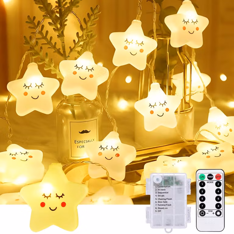 Catena luminosa con 20 LED, lunghezza 3 metri, luce bianco caldo, motivo stelle, timer, telecomando