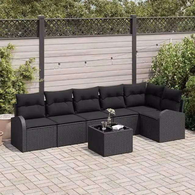 Set Divano da Giardino con cuscino 7 pcs Nero Poly Rattan 3346073