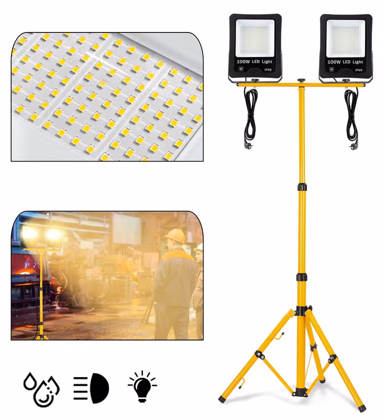 VA-Cerulean: Faretto da cantiere LED da 2x 100W con treppiede telescopico, luce calda, grado di protezione IP66, cavo da 3 metri, ideale per illuminazione esterna e officine