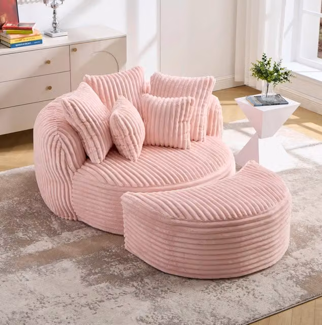 Poltrona da lettura 168x123x63 cm in tessuto rosa con poggiapiedi –