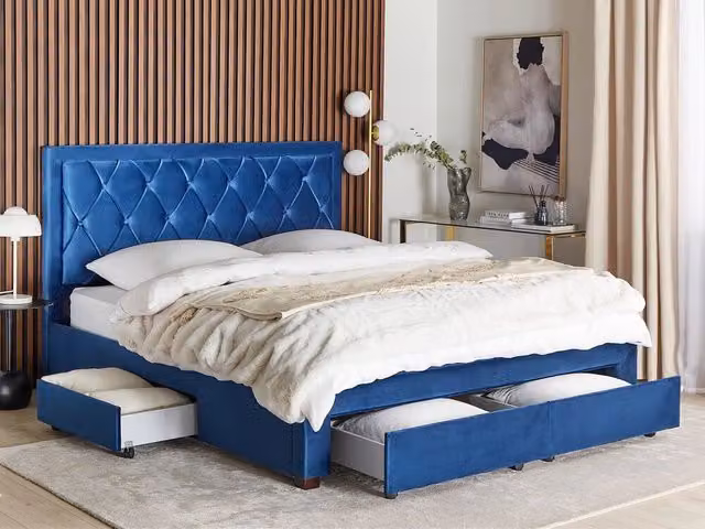 Letto contenitore Glam Design in velluto blu con cassetti e testiera alta trapuntata L/P: 180 x 200 cm – 1