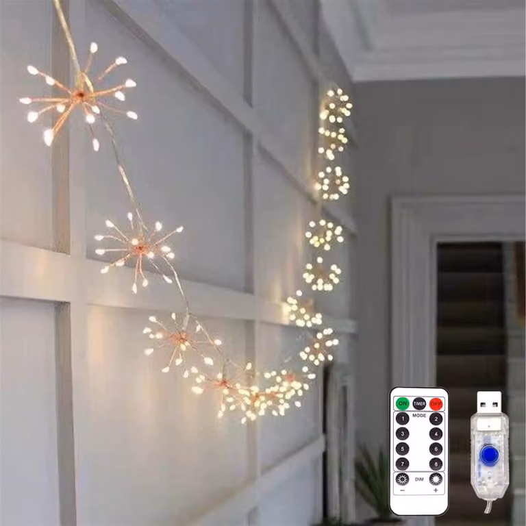 Catena luminosa a LED con effetto fuochi d'artificio, alimentazione USB, 50 LED, 5 funzioni in 1, 8 modalità