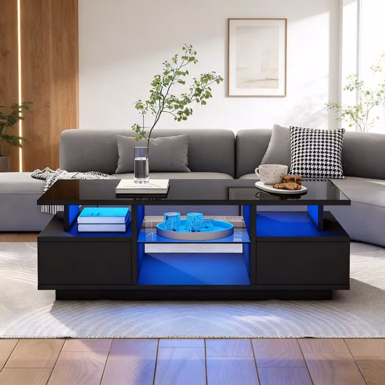 Merax Tavolino lucido con 2 cassetti e illuminazione a LED, tavolino da salotto con ripiani in vetro, tavolino multifunzionale in MDF, nero
