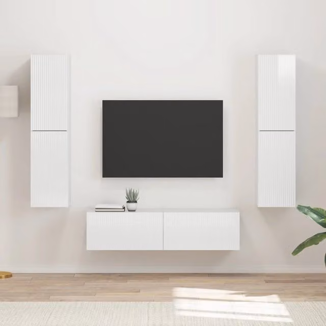 Set mobile TV moderno da 6 pezzi in legno multistrato bianco lucido con illuminazione integrata L/P/H: 60 x 31 x 60 cm