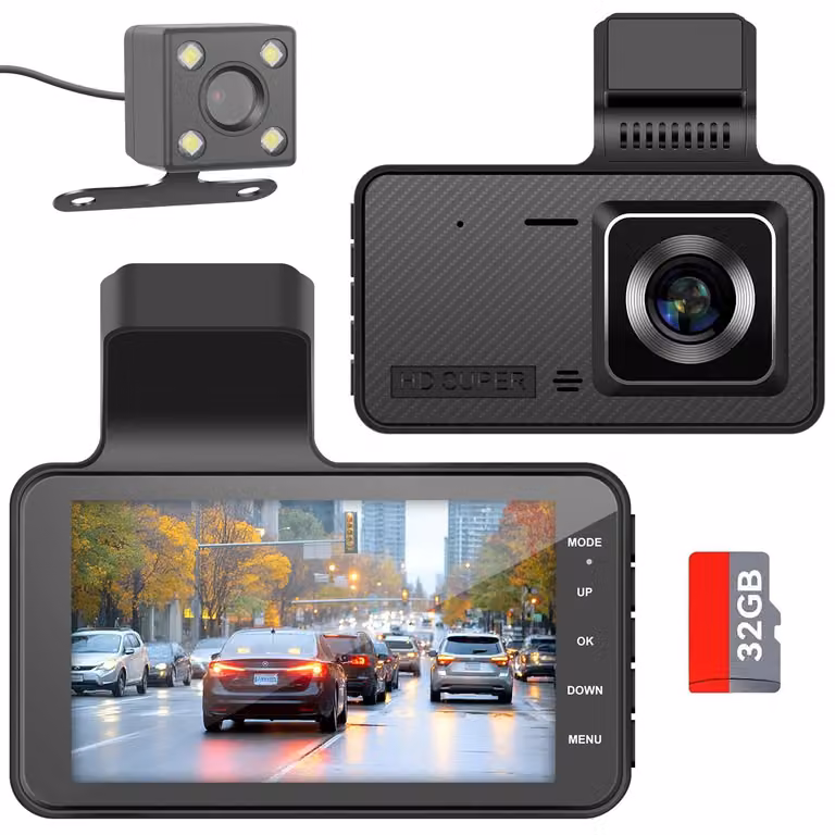 Telecamera da cruscotto per auto - Registratore video per veicoli - Registrazione con telecamera anteriore e posteriore - Ultra HD - Schermo da 4 pollici - Visione notturna - Registrazione continua a ciclo - Monitoraggio durante il parcheggio