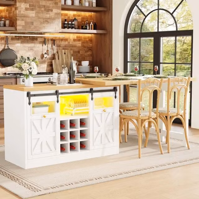Isola da cucina 120-197x40x72 cm con tavolo estraibile e piani girevoli in MDF e vetro bianca