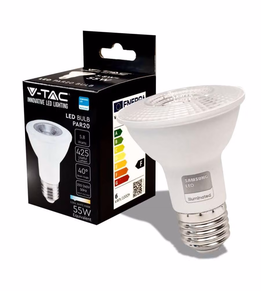 Lampadina LED V-TAC PAR20 con Chip Samsung, Attacco E27, 5.8W, Luce Bianca Fredda 6500K