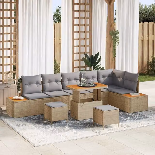 Set Divano da Giardino 9 pz 8-Numero di posti Beige Poly Rattan 3364887