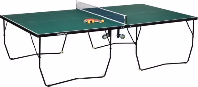 Tavolo da ping pong pieghevole con ruote, acciaio, verde. Set indoor con 2 racchette e 3 palline.