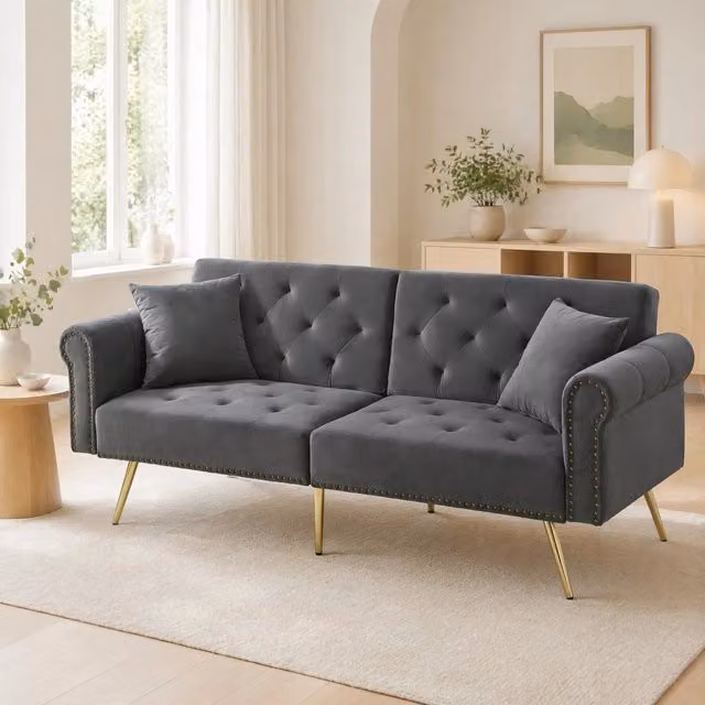 Divano letto FOLYNA a 2 posti in velluto grigio con schienali regolabili e piedi in metallo L: 173 cm, P: 75 cm, H: 70 cm