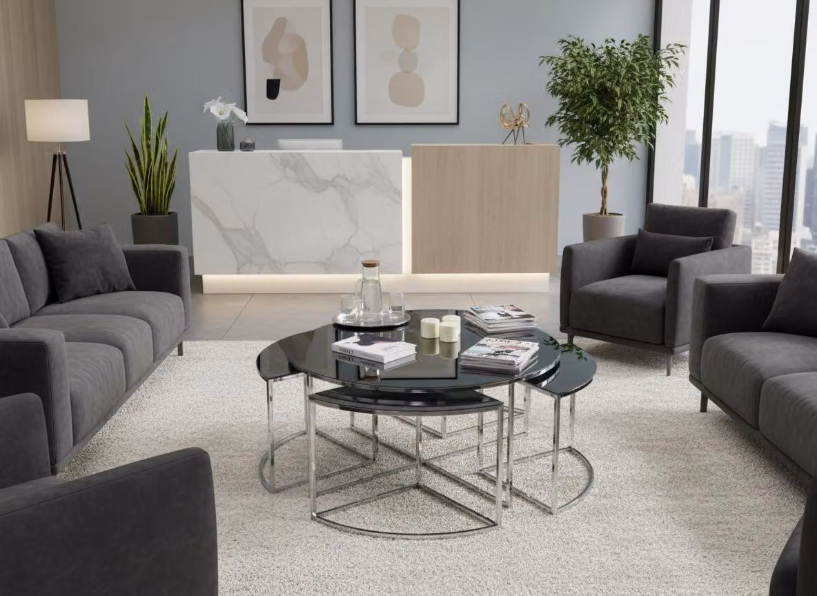 Tavolino da salotto moderno, minimalista, grigio, elegante, di classe e confortevole