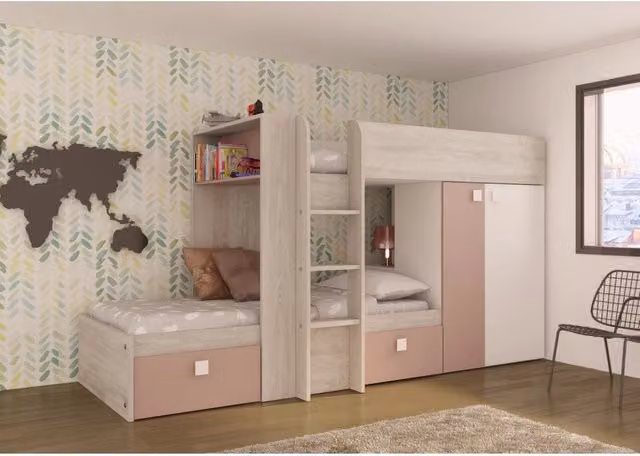 Letto a castello per bambini in stile shabby chic bianco e rosa antico con armadio e cassetti, dimensioni 90x190 cm