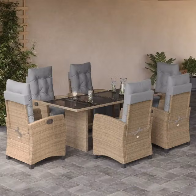 Set Pranzo da Giardino vidaXL in Polyrattan con Piano in Vetro e Cuscini Beige e Grigio, 7 Pezzi – 1