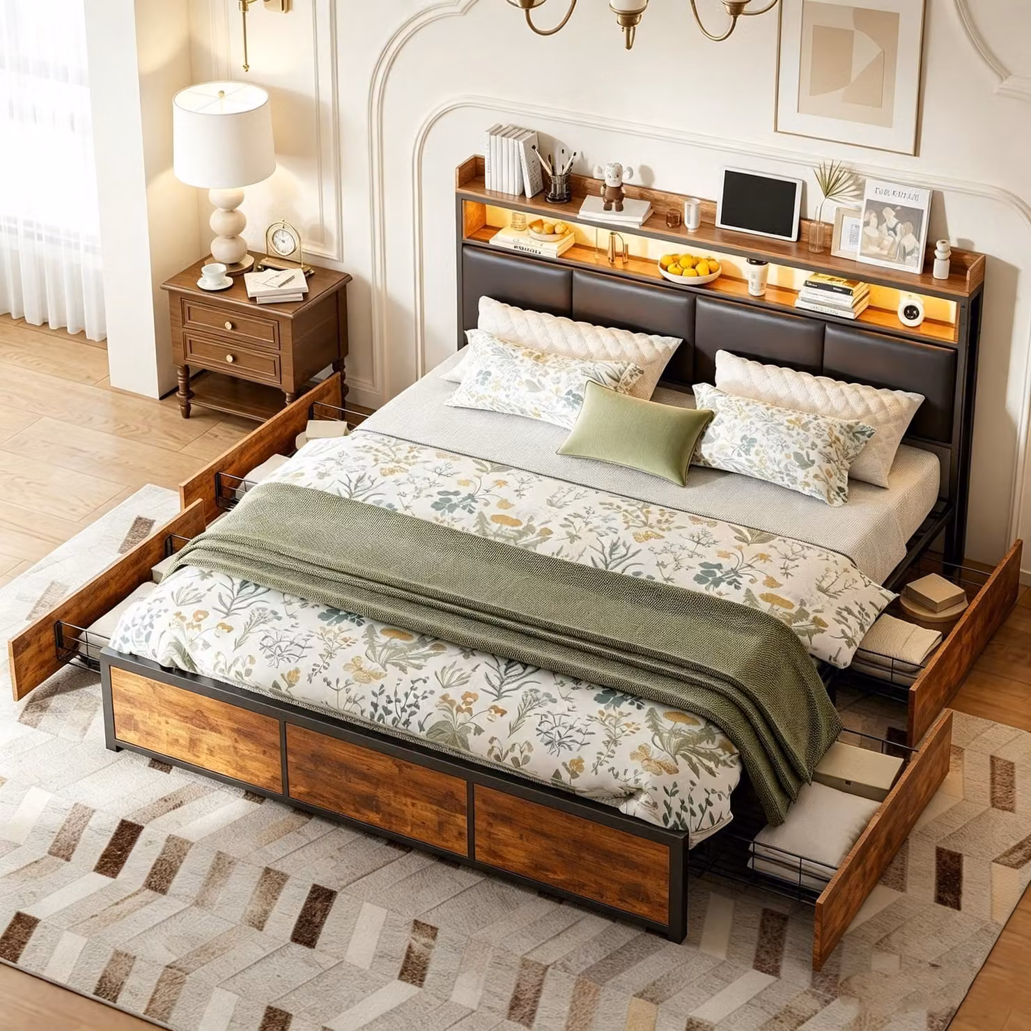 Letto matrimoniale in metallo INONEFT, 180x200 cm, con spazio contenitore, letto per ragazzi/adulti, con LED e 4 cassetti, letto multifunzione con spazio contenitore e ripiano imbottito. Materiale: PU