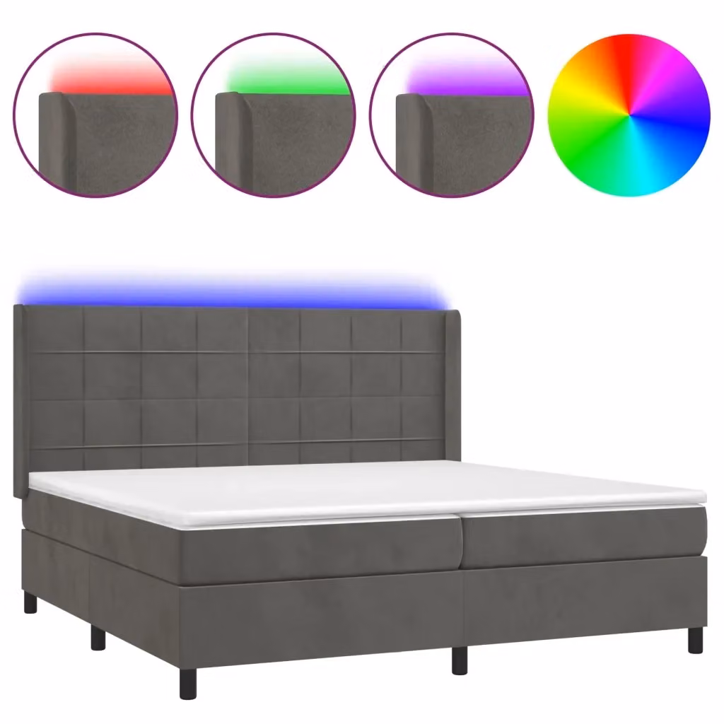 vidaXL Letto Ibrido con Materasso e Illuminazione LED in Velluto Grigio e Bianco L/P/H: 200 x 200 x 128 cm – 2