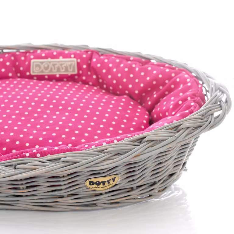 Cesto di vimini grigio dipinto a mano con cuccia in cotone - Rosa a pois bianchi - Lavabile e morbido - DOTTY