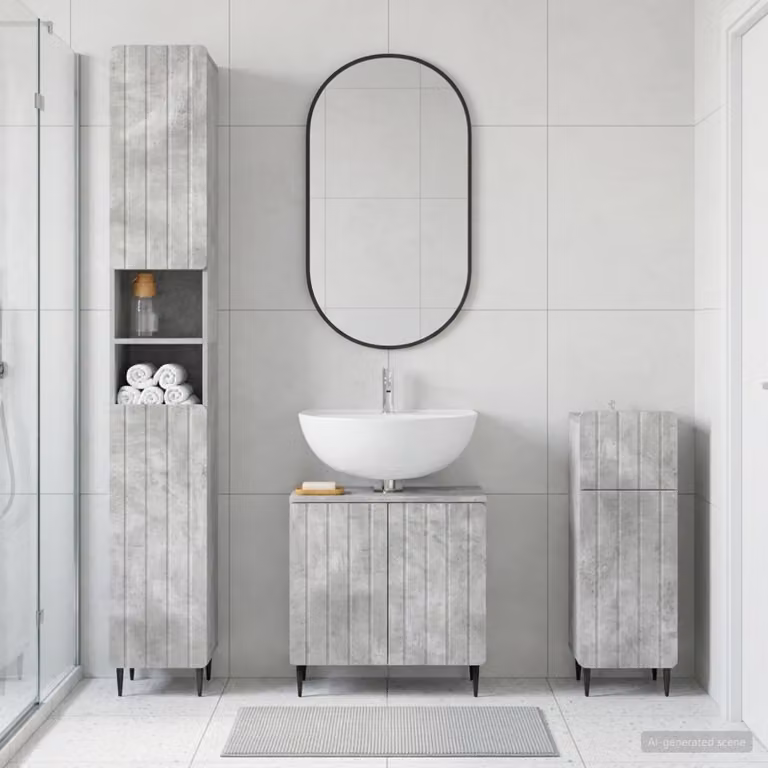 Set di 3 armadietti da bagno moderni vidaXL ZWOLLE in legno, colore grigio opaco, H x L x P: 190 x 31 x 30 cm e 190 x 31 x 48,55 cm