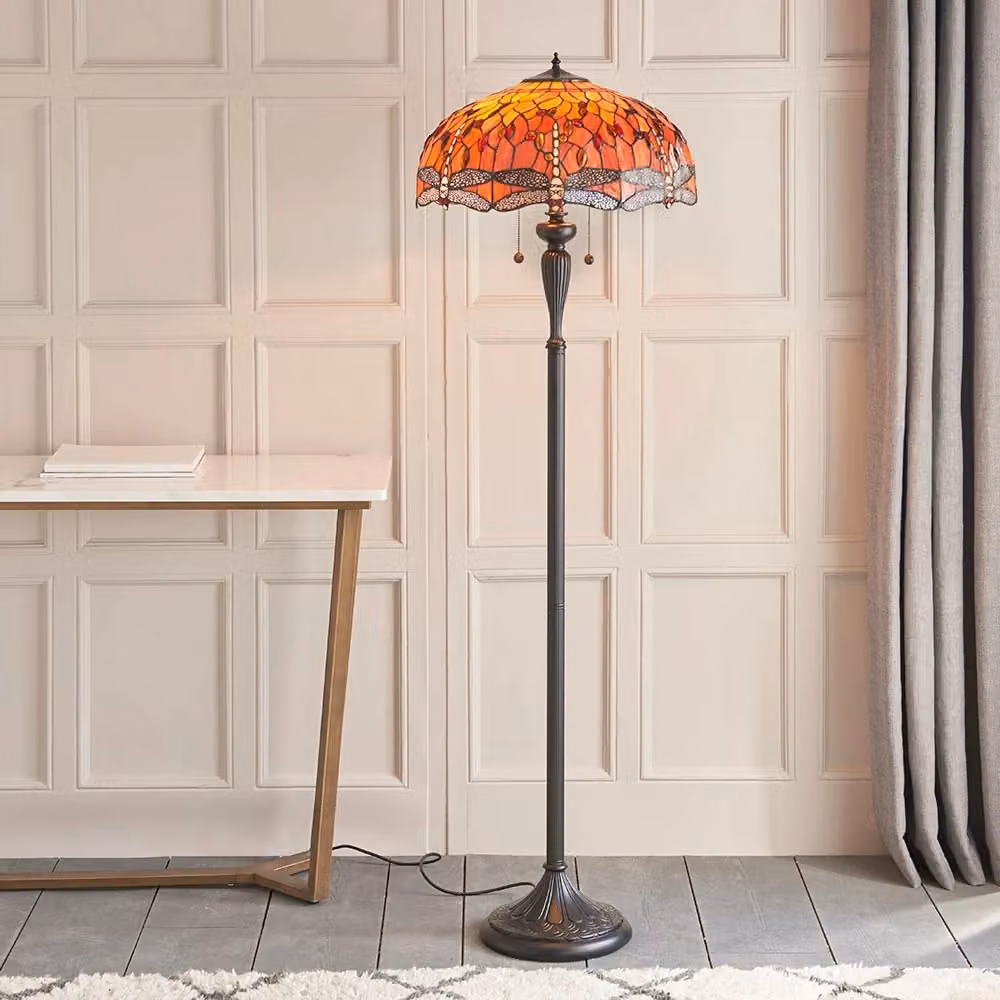 Lampada da terra Tiffany Dragonfly Flame in stile Art Nouveau con vetro nei toni rosso, arancione e marrone, dimmabile, H: 156 cm, L: 50 cm, P: 50 cm – 2