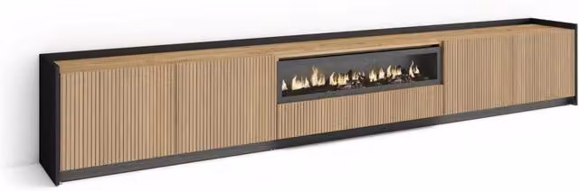 Mobile TV Soggiorno, 310x50x37 cm, Per TV fino a 80", Camino elettrico, Led, Rovere e nero