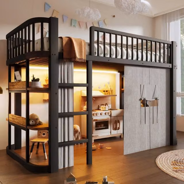 Letto a soppalco per bambini 90x200 cm con tende oscuranti; spazio inferiore modulabile; mensole e LED; metallo nero
