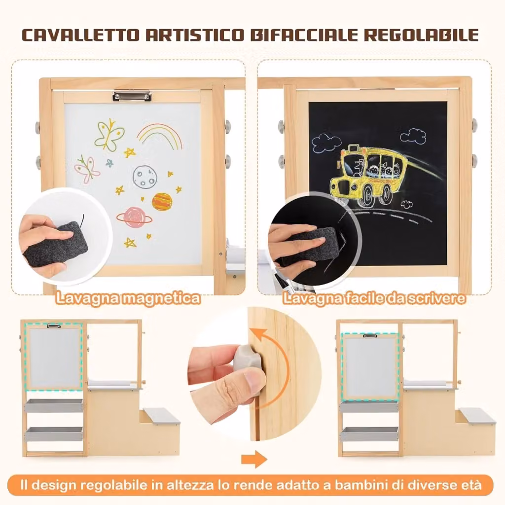 Set 3 in 1 Tavolo e Sedie per Bambini Costway in Legno Grigio con Lavagna Reversibile, Cavalletto Regolabile e Libreria per Bambini dai 3 ai 6 Anni – 2