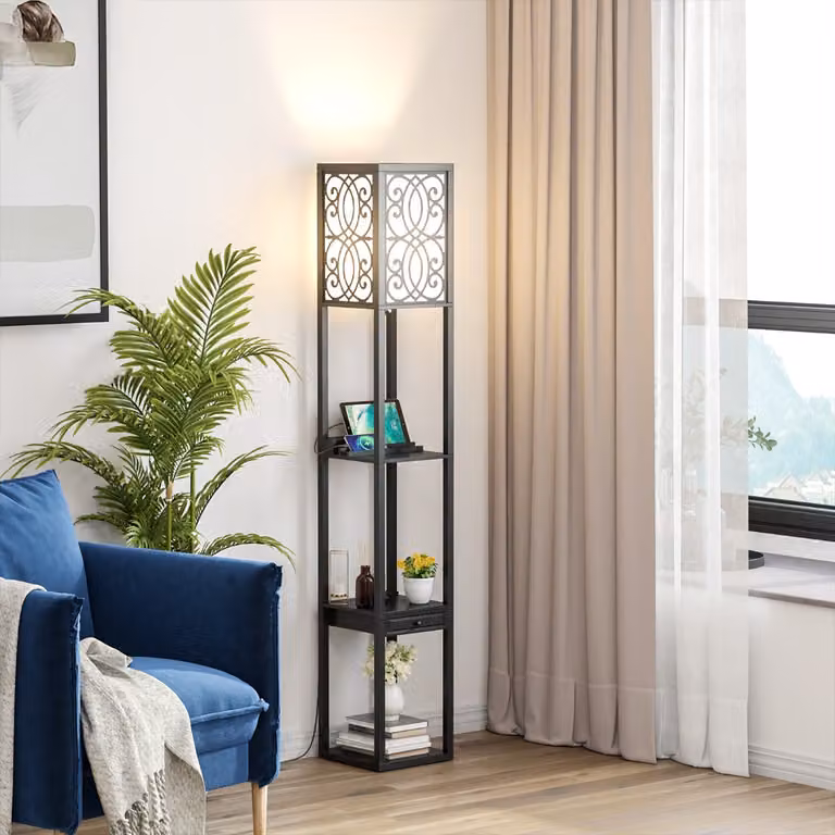 Costway Lampada a stelo moderna con ripiani, cassetto e porte USB, colore nero