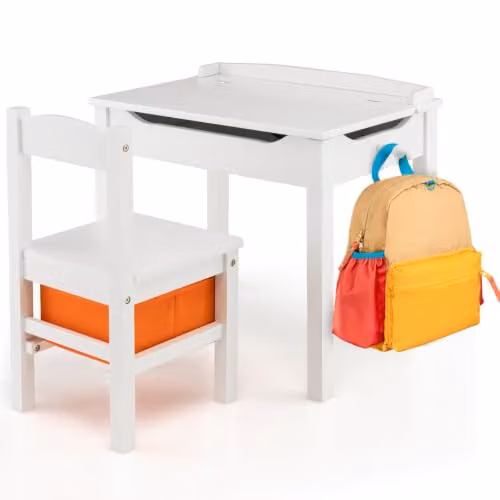 Helloshop26 Ufficio e sedia per bambini, 59 x 40 x 55 cm, con pratico deposito in stile moderno, in legno massello, bianco 20_0014089