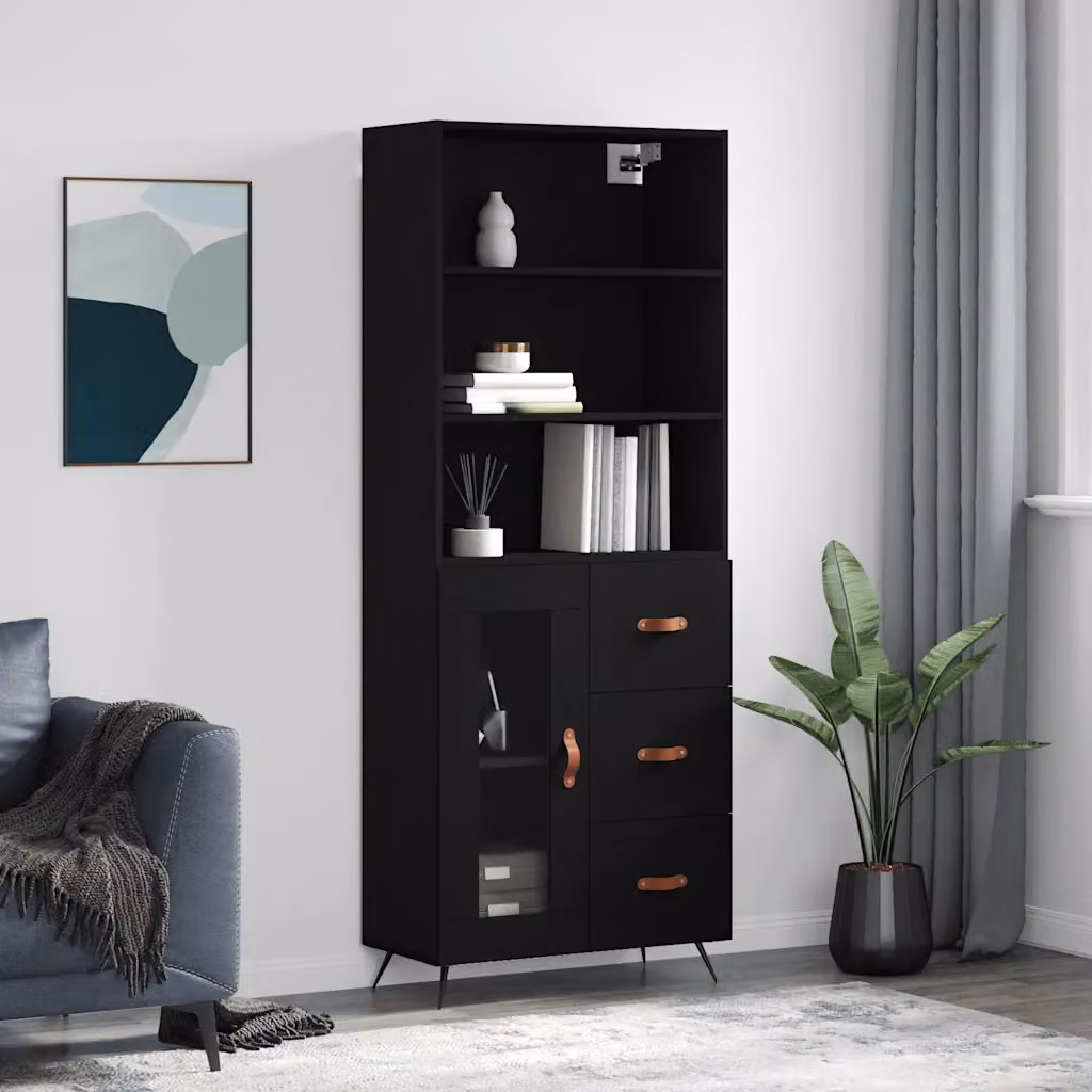 vidaXL Credenza Moderna Nera con Ante in Vetro e Cassetti, L/P/H: 69,5 x 34 x 180 cm