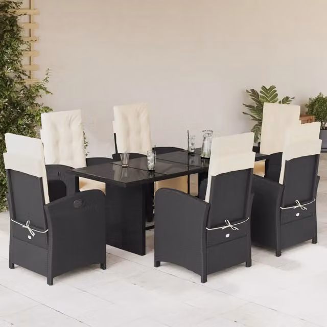 Set da Pranzo da Giardino 7 pz Nero con Cuscini in Polyrattan 3212486