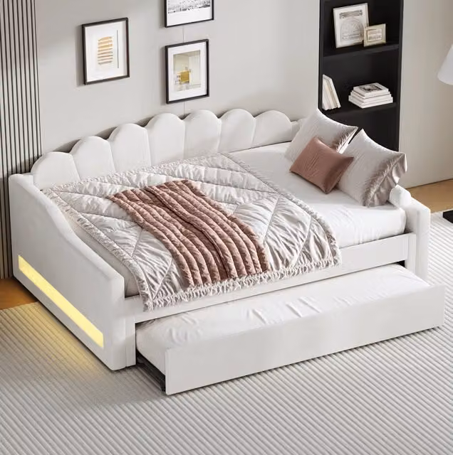 Letto da giorno imbottito moderno in tessuto beige con illuminazione LED sottostante e contenitore, L/P/H: 140 x 200 x 84 cm