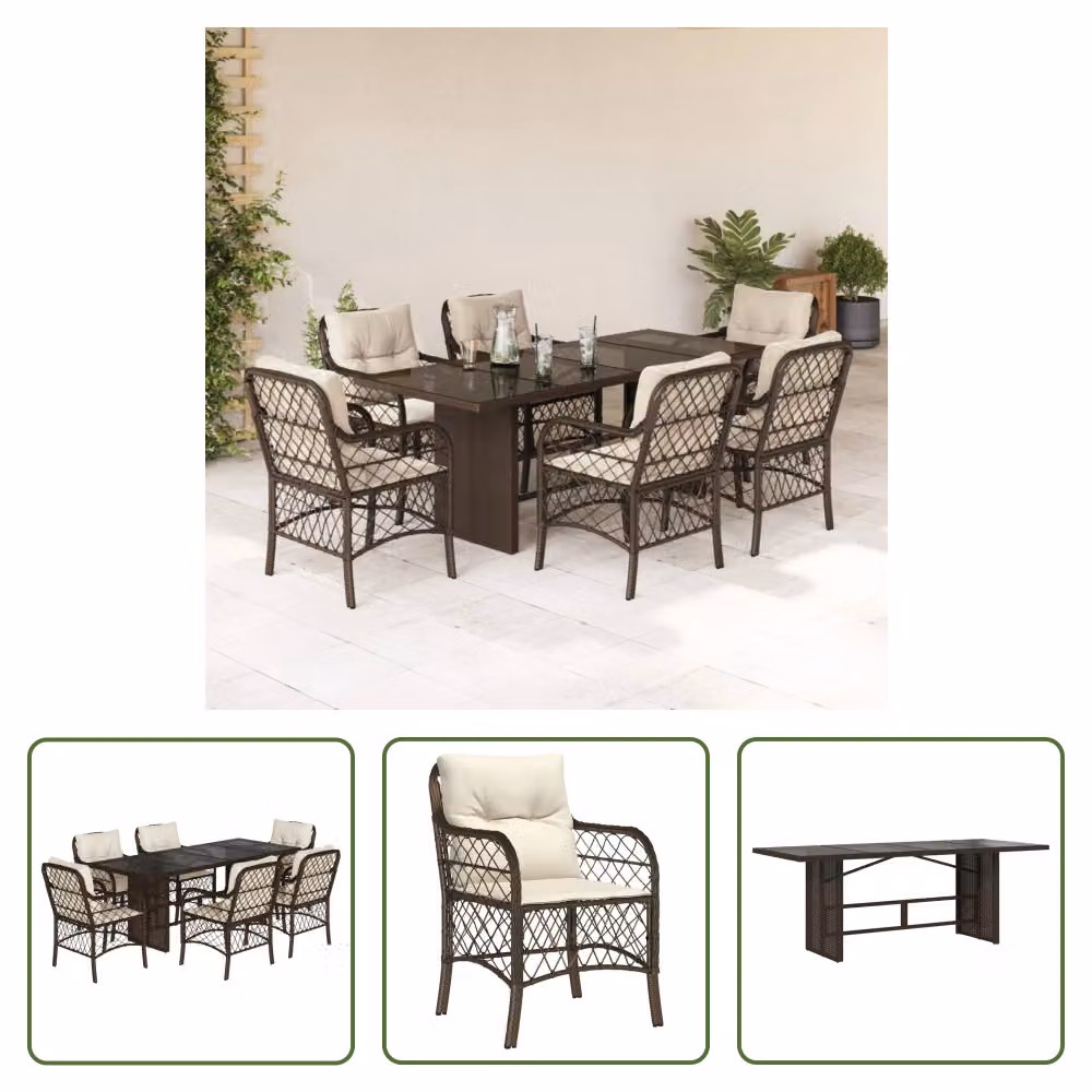 The Living Store Set da pranzo da giardino 7 pezzi con cuscini in polirattan marrone