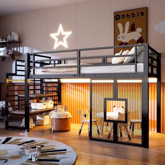 Letto a Soppalco con Scala, Contenitore, LED e Finestre ¨C MINIMAL ¨C Metallo Nero 90x200