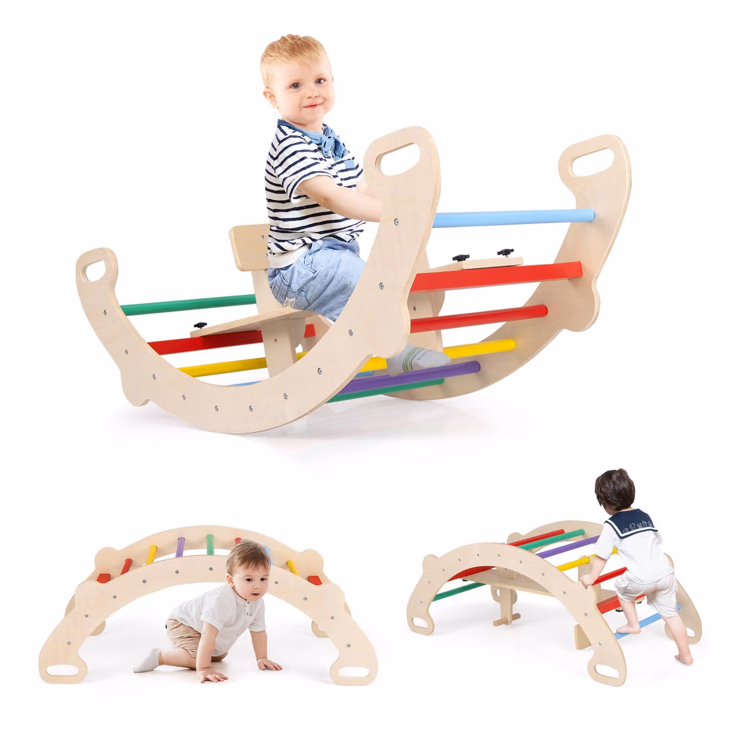 COSTWAY Giocattolo per arrampicata in legno 4 in 1, arco altalena multifunzionale, regalo ideale per bambini da 1 a 5 anni