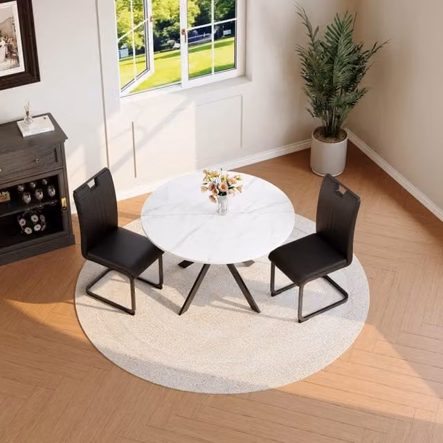 Set tavolo da pranzo e sedie con 1 tavolo rotondo e 2 sedie in MDF metallo e PU nero e bianco