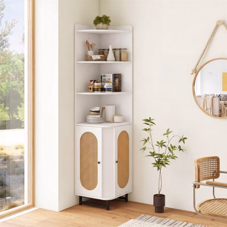 Armadio angolare Costway in rattan e plastica con 2 porte e 4 scomparti aperti, libreria moderna per bagno o soggiorno, Bianco, Altezza: 172 cm