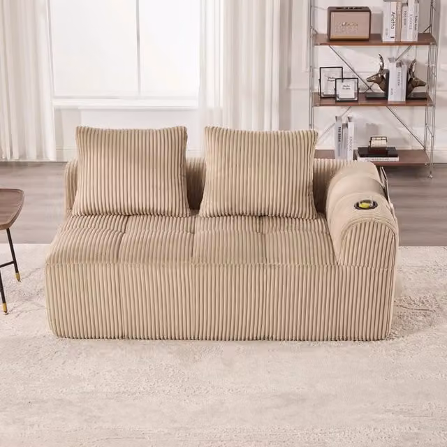Divano moderno MIVRAY in velluto a coste verde e beige con tasche portabevande e cuscini con rivestimenti removibili