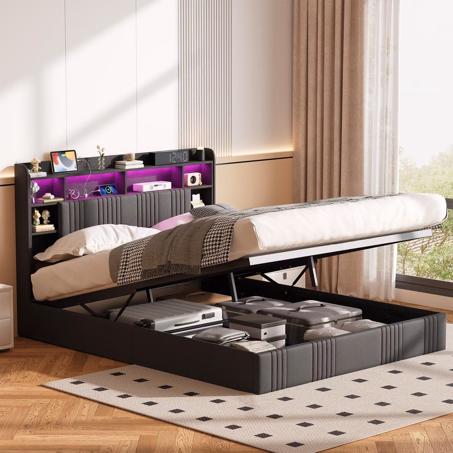 Letto imbottito 140x200 cm con spazio contenitore a sollevamento idraulico, illuminazione LED, testiera con mensole, porte USB e Type-C, 2 prese di corrente, rete a doghe, colore grigio, senza materasso