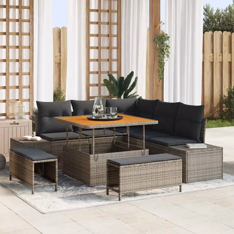 Set Divano da Giardino a L vidaXL 8 pz Grigio con Cuscini e Tavolino in Poly Rattan e Metallo